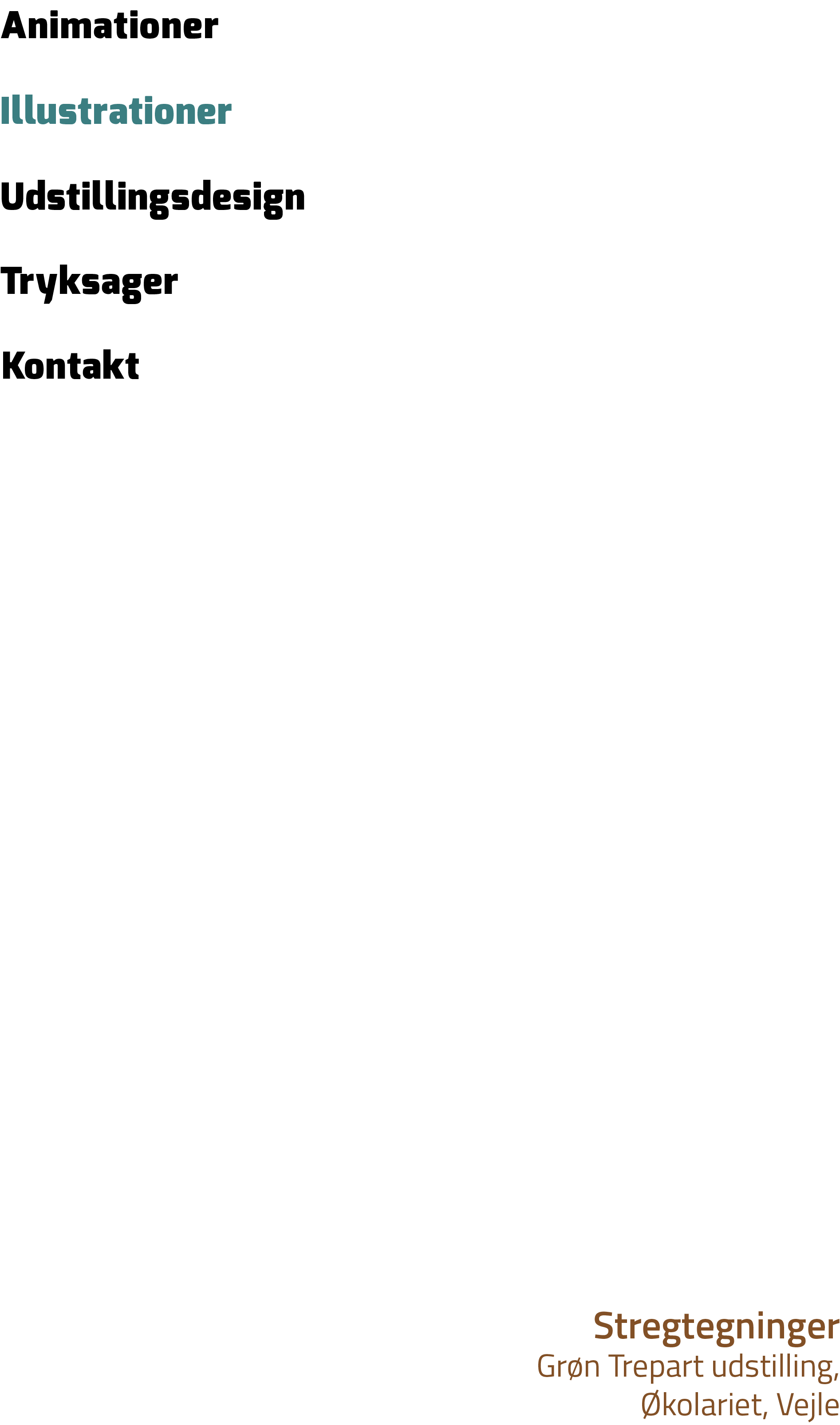 Udstillingsdesign,Animationer,Illustrationer,Tryksager,Kontakt,Stregtegninger Gr n Trepart udstilling, kolariet, Vejl